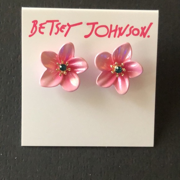 Betsey Johnson Pink Enamel Tropical Flower Stud Earrings Crystal Accent NWT - Picture 3 of 11